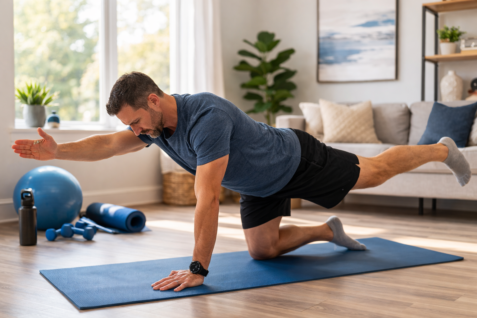 Adult in Noblesville, IN doing a gentle hip mobility and core stability exercise as scoliosis self-care