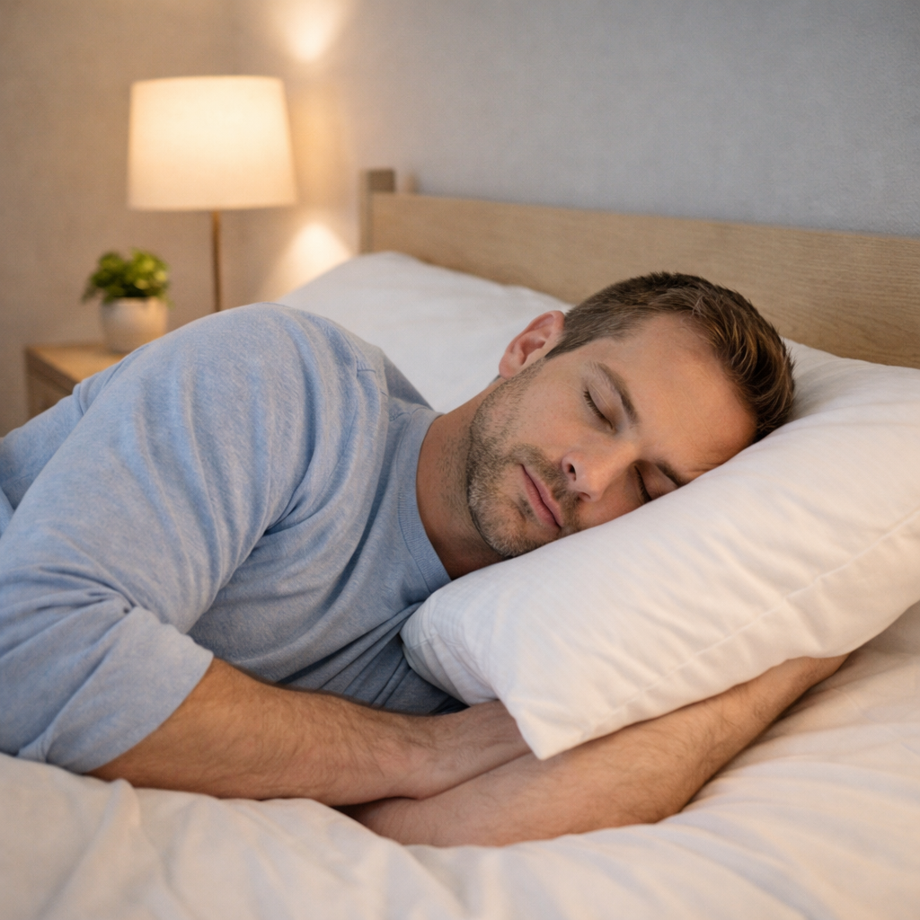 Carmel, IN person setting up a side-sleep position with a supportive pillow to keep the neck neutral