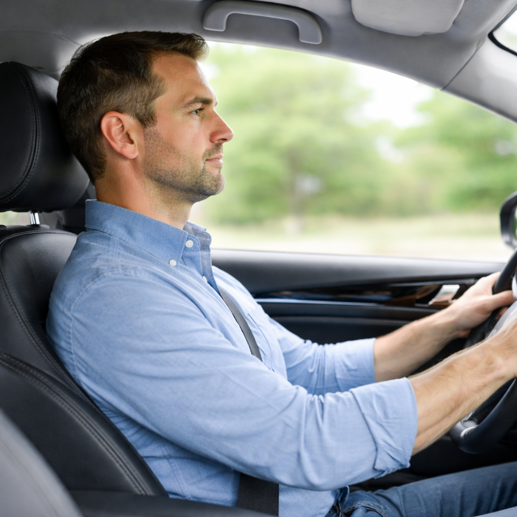 Castleton, Indianapolis driver sitting with a neutral head position and headrest support to reduce neck strain
