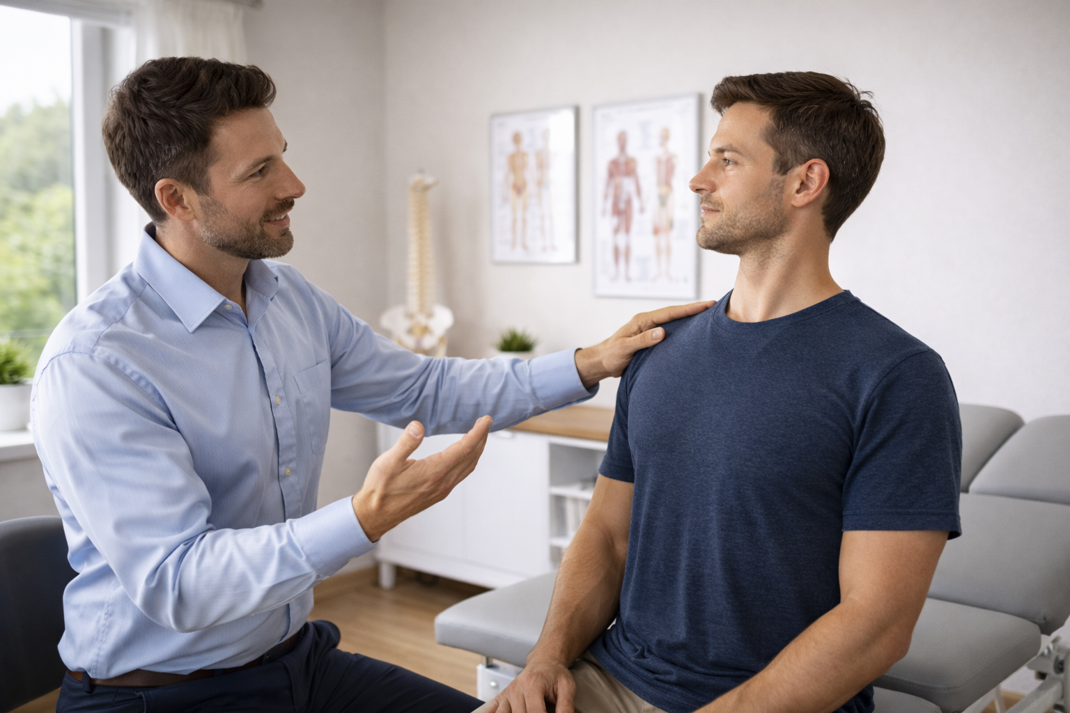 Chiropractor consultation in Fishers, IN discussing posture and neck mobility with patient