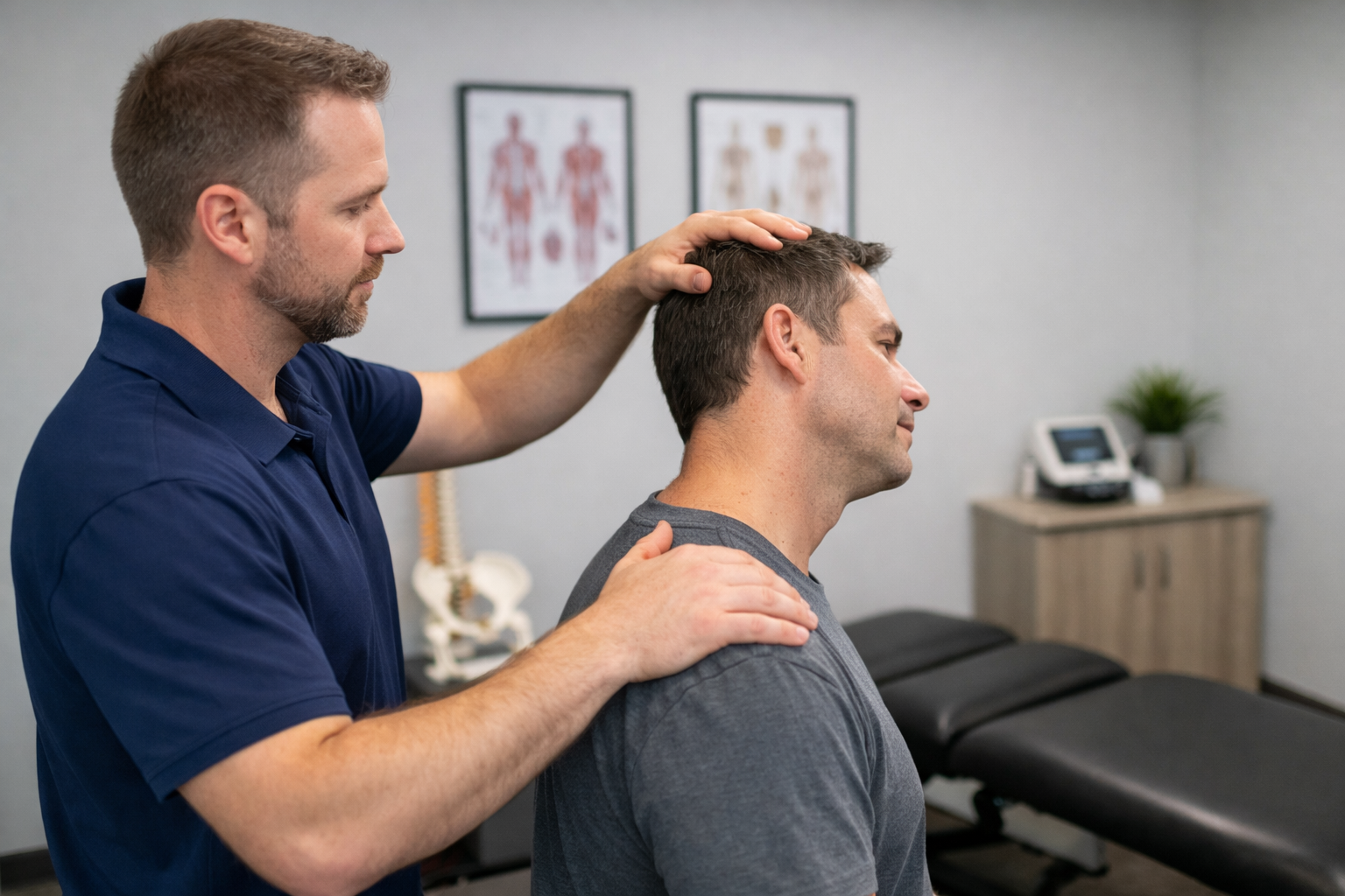 Chiropractor evaluating neck movement after a car accident in Fishers, IN., car accident chiropractor