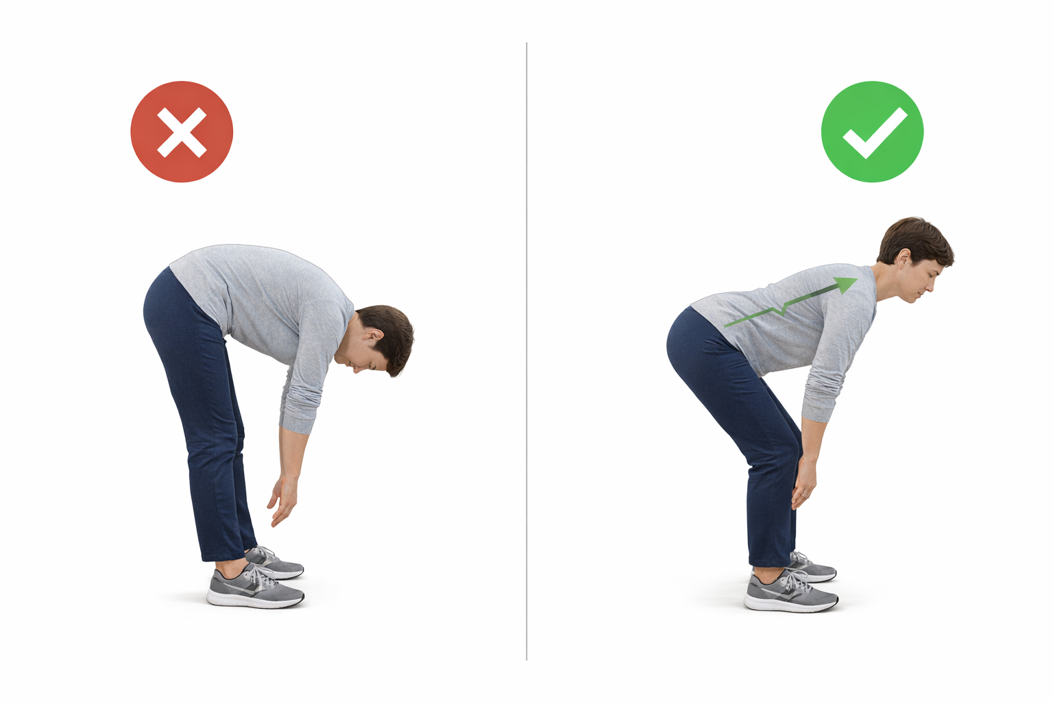 Hip-hinge versus deep rounded bending visual to help prevent sciatica flare-ups in Castleton and Fishers, IN