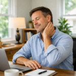 Desk worker in Fishers, IN doing gentle jaw and neck relaxation to reduce head pressure., tension headache stretches