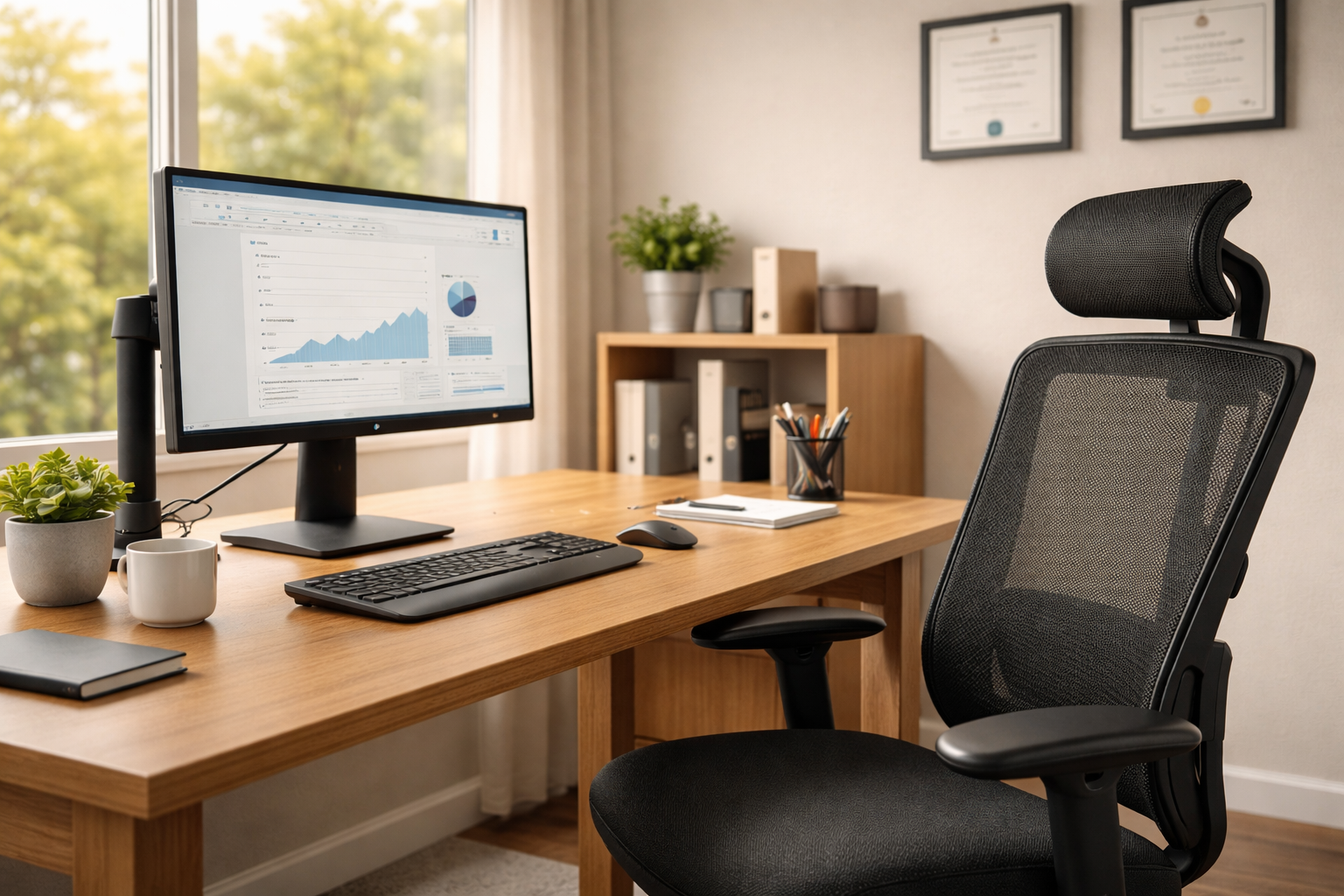 Ergonomic workstation setup in Noblesville, Indiana showing monitor height, keyboard position, and chair support for desk posture.
