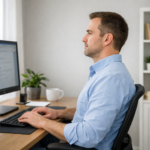 Fishers, IN desk worker doing a gentle chin tuck and shoulder blade set to reduce forward head posture
