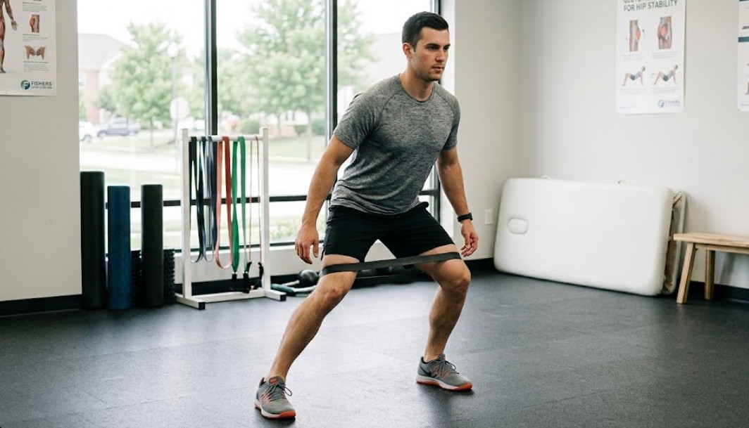 Fishers, Indiana patient doing a lateral band walk to strengthen hips and reduce lateral knee pain.