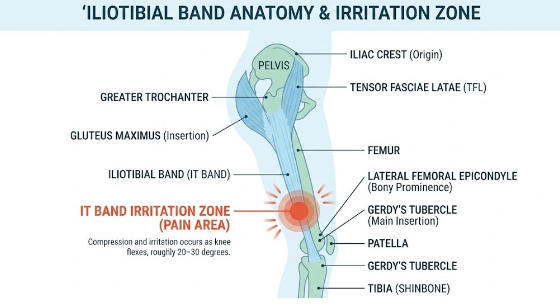 IT band anatomy diagram showing where outside-knee pain is commonly felt for Fishers, Indiana patients.
