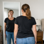 Mirror posture check in Fishers, IN showing uneven shoulders and hip height for scoliosis screening. scoliosis treatment
