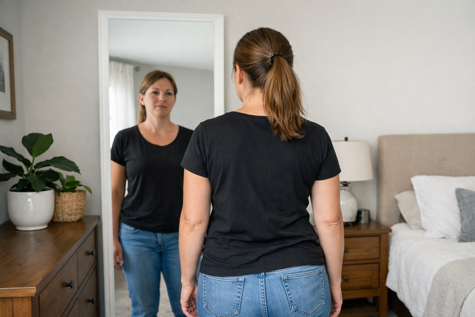 Mirror posture check in Fishers, IN showing uneven shoulders and hip height for scoliosis screening. scoliosis treatment