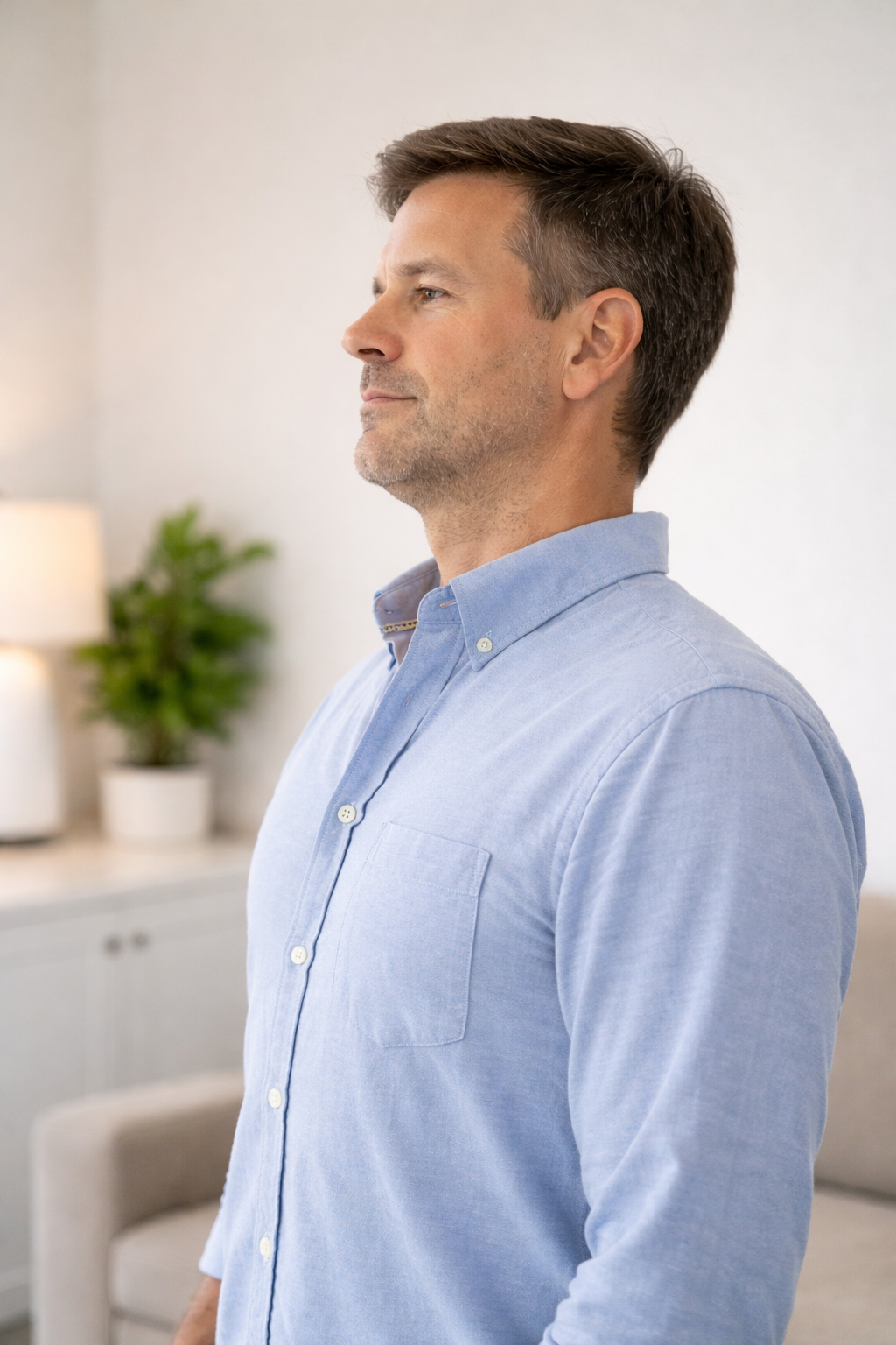 Person demonstrating chin tuck and shoulder blade set to reduce neck-related headache symptoms in Fishers, IN