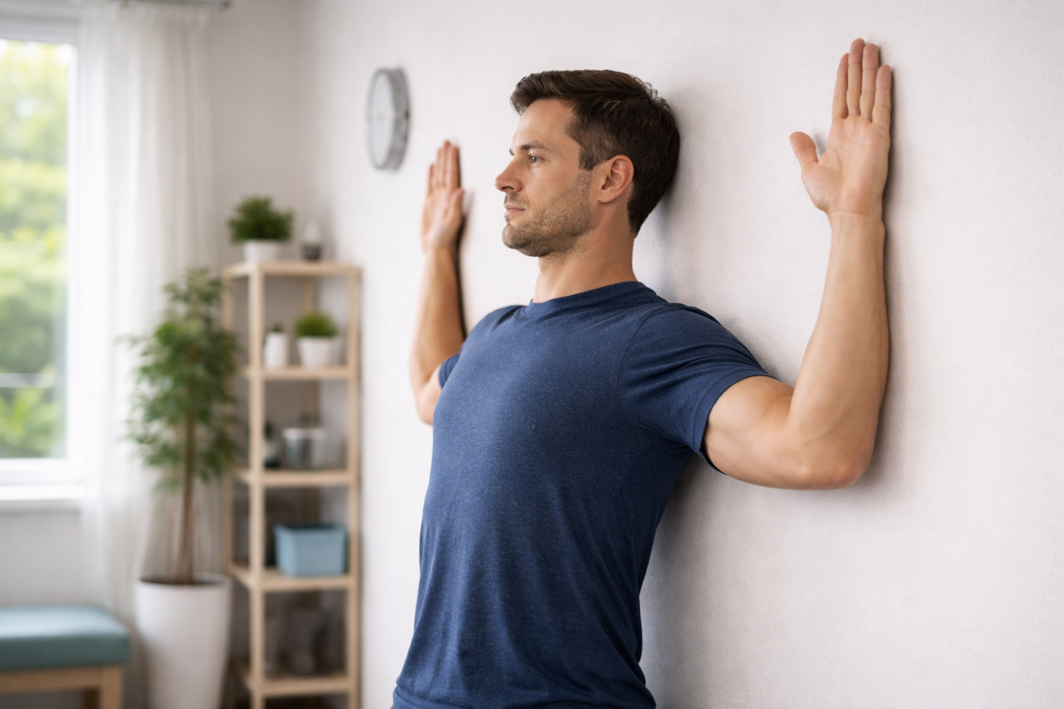 Person doing wall slides posture drill with neutral neck alignment in Fishers, Indiana