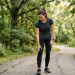 Runner in Fishers, IN pointing to kneecap pain (patellofemoral pain) during a post-run cooldown. runner's knee stretches