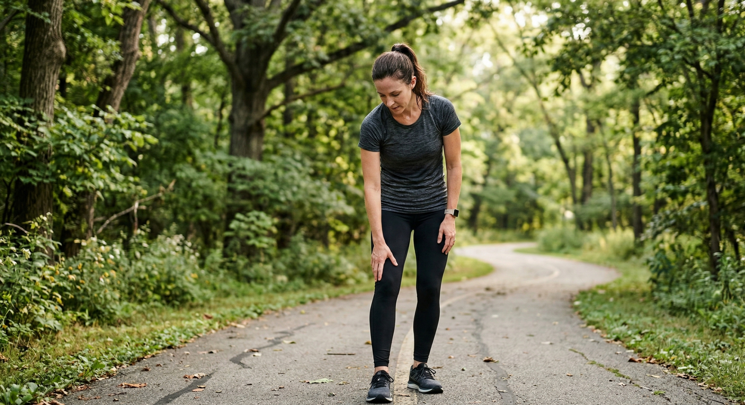 Runner in Fishers, IN pointing to kneecap pain (patellofemoral pain) during a post-run cooldown. runner's knee stretches
