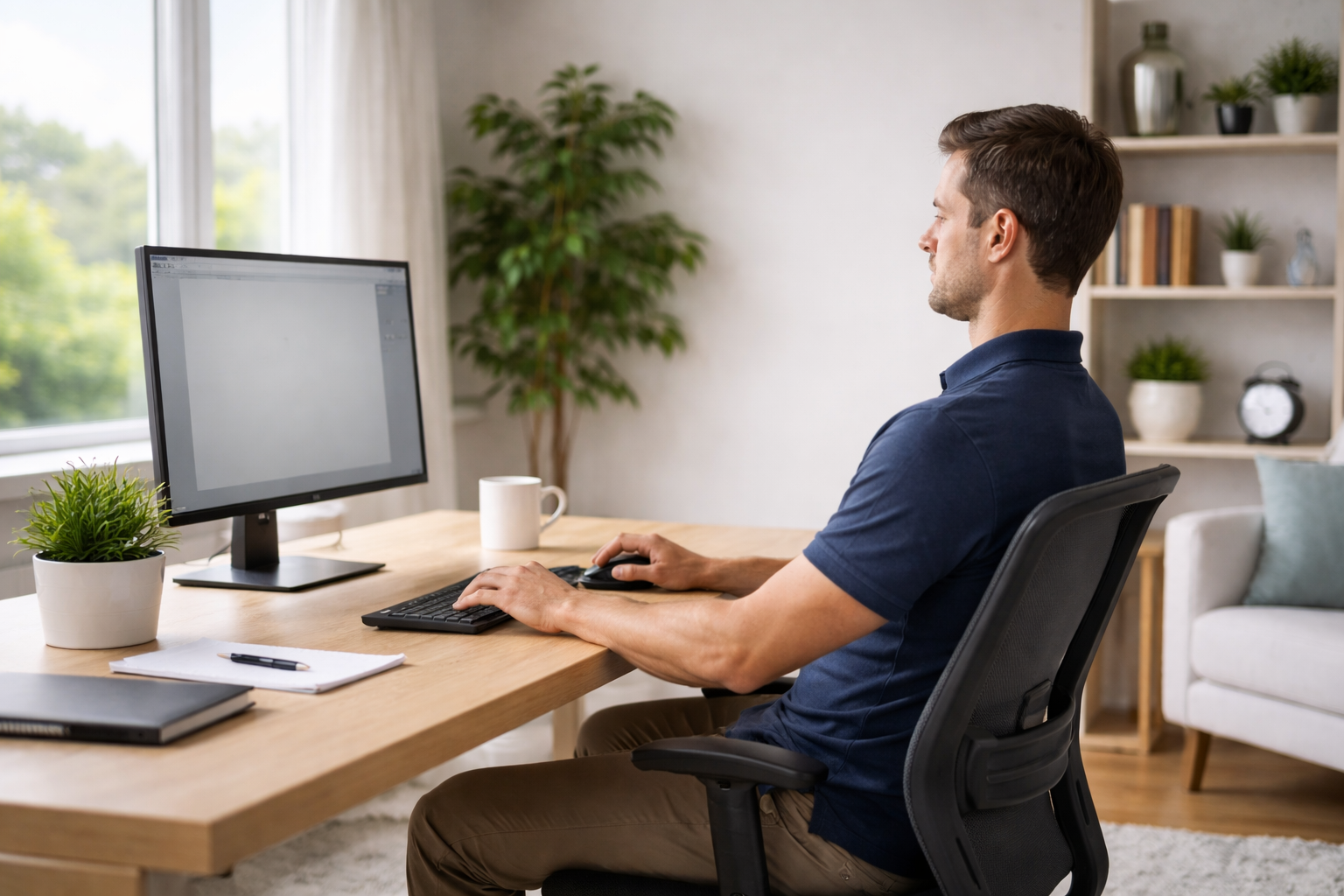 Simple desk setup with monitor slightly below eye level and relaxed shoulders in a Fishers, IN home office