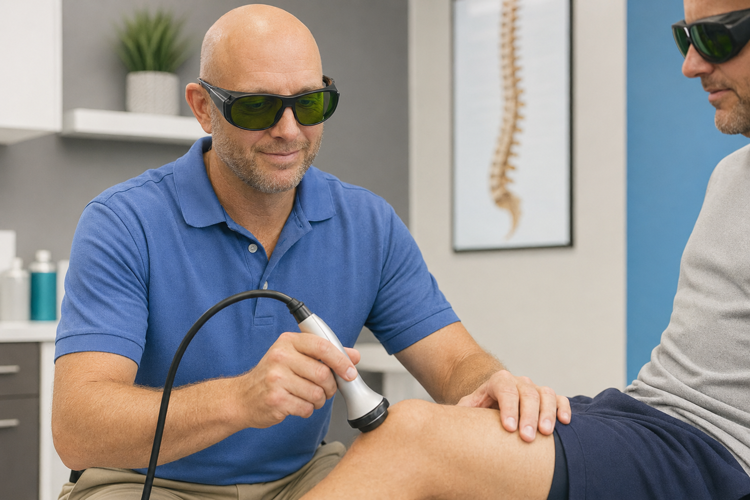 Doctor Jarred performs a controlled Class 4 laser treatment around an adult patient's knee using protective eyewear., what is class 4 laser therapy, class IV laser therapy, Class 4 laser treatment, medical laser therapy, cold laser therapy, cold laser treatment, low-level laser therapy, MLS laser vs cold laser,