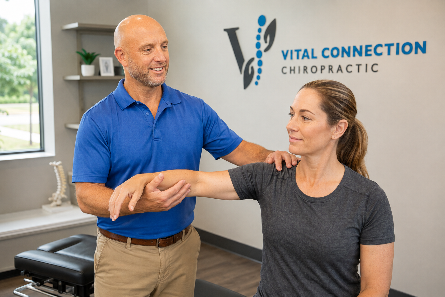 Dr. Jared Himsel assesses an adult patient’s shoulder movement before discussing laser therapy in Fishers, Indiana., deep tissue laser therapy, deep tissue laser treatment, laser muscle therapy, therapeutic laser,