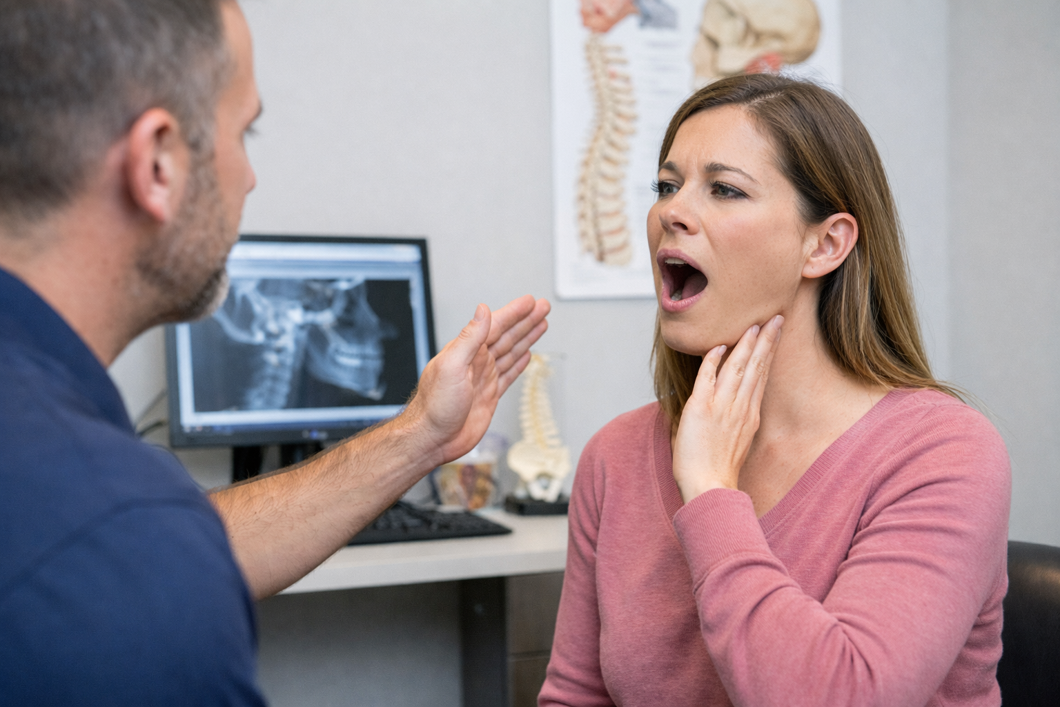 Patient performing gentle TMJ exercise with provider guidance in Fishers Indiana