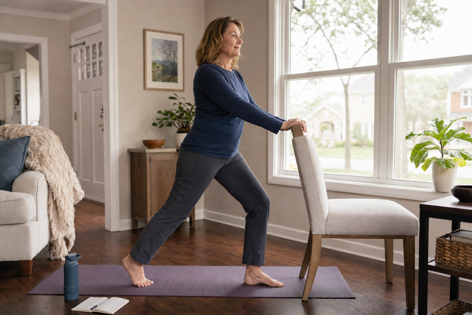 Middle-aged adult performing a gentle supported movement routine at home as part of pain management, laser therapy for pain, laser pain relief, laser therapy for pain management, laser treatments for pain,