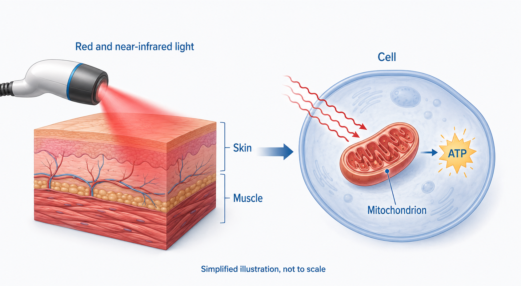 Simplified illustration showing red and near-infrared light interacting with skin, muscle, a cell’s mitochondrion, and ATP., deep tissue laser therapy, deep tissue laser treatment, laser muscle therapy, therapeutic laser,