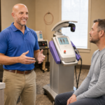 Doctor Jarred explains how laser therapy works to an adult patient beside an MLS therapy laser in Fishers, IN., how does laser therapy work, laser therapy benefits, photobiomodulation therapy, what does laser therapy do,