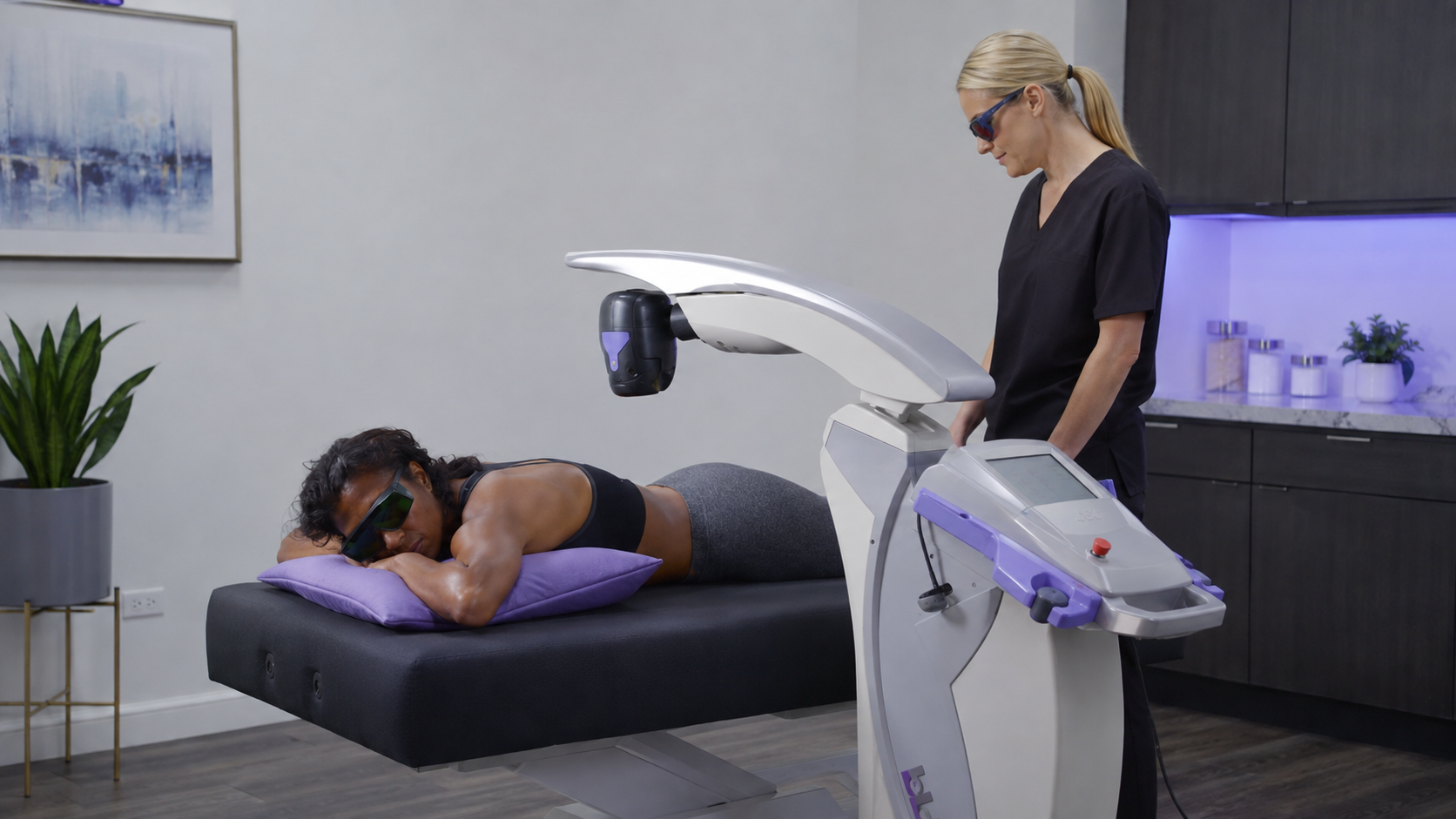 Medical illustration of therapeutic laser light directed toward lumbar muscles and the lower spine, laser for back pain, cold laser therapy for arthritis, MLS laser for joint pain, laser therapy for osteoarthritis,  