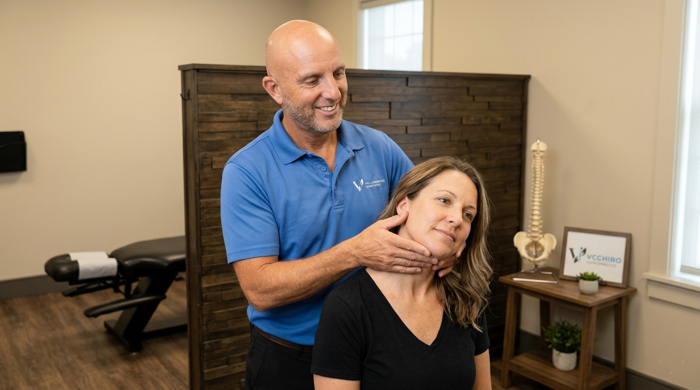 Jaw pain after sleeping assessment in Fishers, IN with chiropractor checking jaw and neck movement, jaw pain after sleeping, waking up with jaw pain, jaw pain in morning,