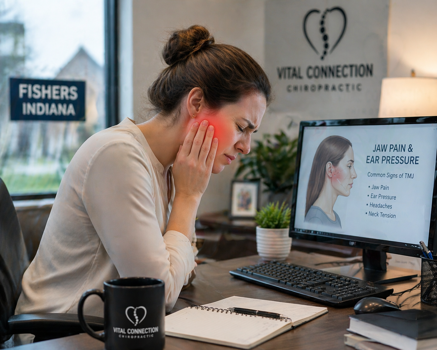 Jaw pain and ear pressure from posture in Fishers IN office setting, tmj ear pain, tmj causing ear pain, jaw pain and ear pressure, 