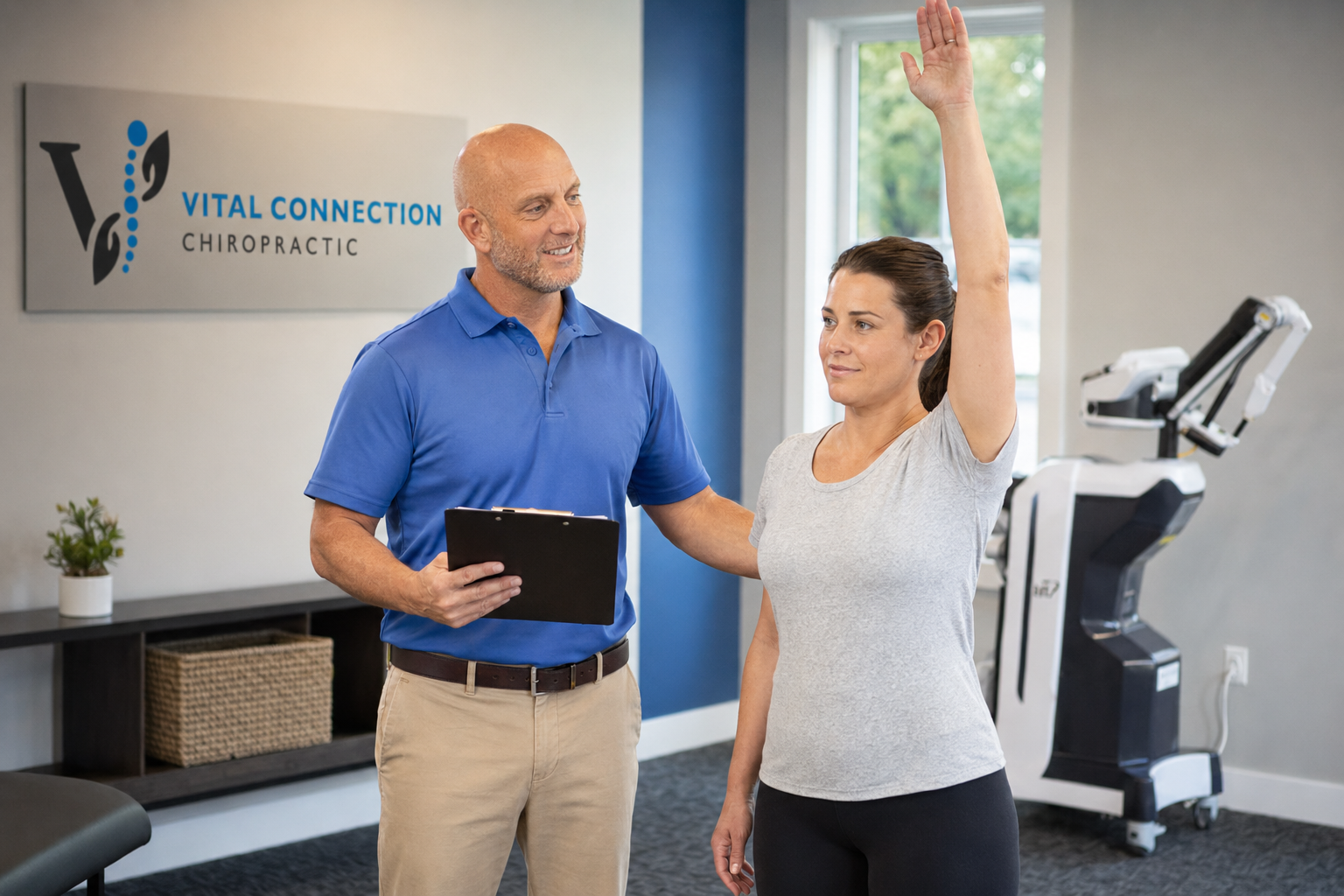 Doctor Jarred reviewing shoulder mobility after laser therapy in Fishers, IN, mls laser therapy, laser therapy near me, MLS laser therapy near me, laser therapy Fishers IN, M7 laser therapy,