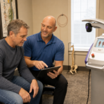 Doctor Jarred discussing laser therapy for pain with a patient beside the Robotic M7 MLS Therapy Laser in Fishers, Indiana., laser therapy for pain, laser pain relief, laser therapy for pain management, laser treatments for pain,