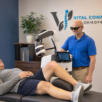 Patient receiving M7 MLS laser therapy for the knee in Fishers, IN, mls laser therapy, laser therapy near me, MLS laser therapy near me, laser therapy Fishers IN, M7 laser therapy, what is mls laser therapy