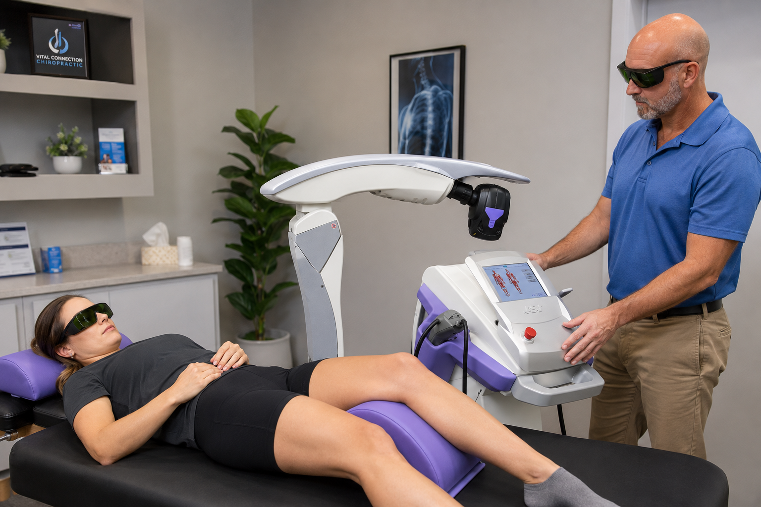 Doctor Jarred monitoring M7 MLS laser therapy on a patient’s knee, laser therapy for knee pain
