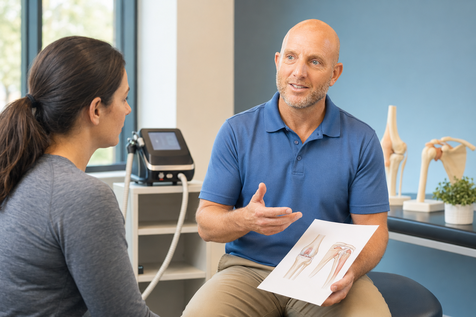 Doctor Jarred discusses a medical laser therapy plan with an adult patient at a chiropractic clinic in Fishers, Indiana, what is class 4 laser therapy, class IV laser therapy, Class 4 laser treatment, medical laser therapy, cold laser therapy, cold laser treatment, low-level laser therapy, MLS laser vs cold laser,