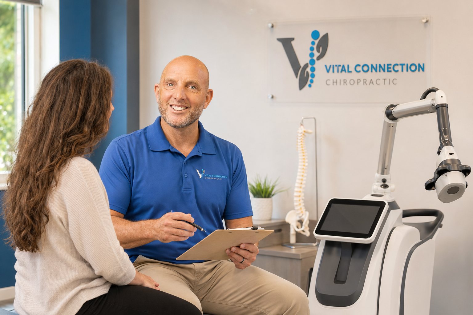 Doctor Jarred discussing MLS laser therapy with a patient in Fishers, IN, mls laser therapy, laser therapy near me, MLS laser therapy near me, laser therapy Fishers IN, M7 laser therapy,