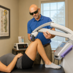 Doctor Jarred positions the Robotic M7 MLS Therapy Laser during a knee treatment in Fishers, Indiana., cold laser therapy, cold laser treatment, low-level laser therapy, MLS laser vs cold laser,