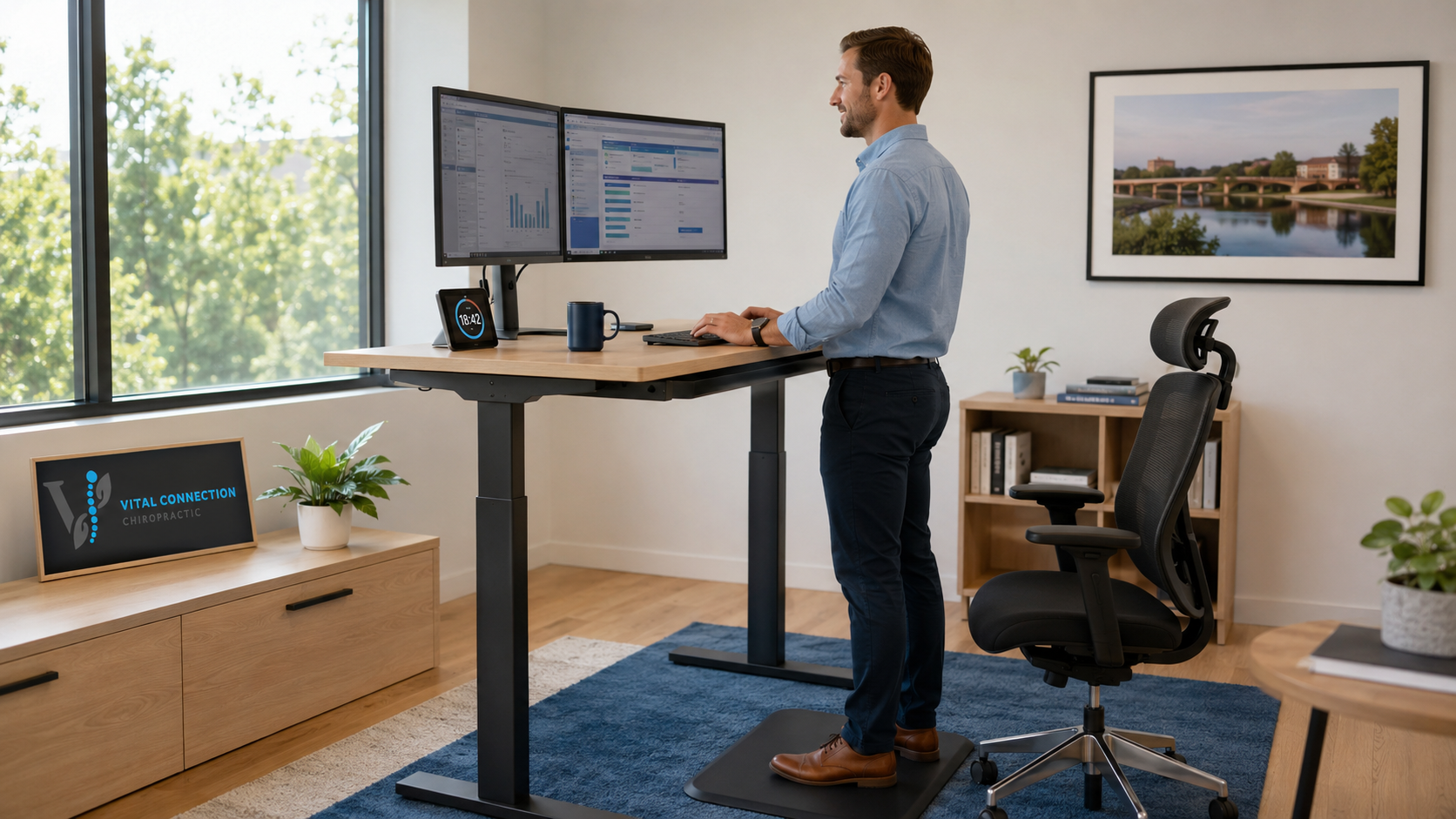 Posture chiropractor in Fishers, IN demonstrating healthier workstation habits, posture correction chiropractor, posture chiropractor, chiropractor for poor posture,