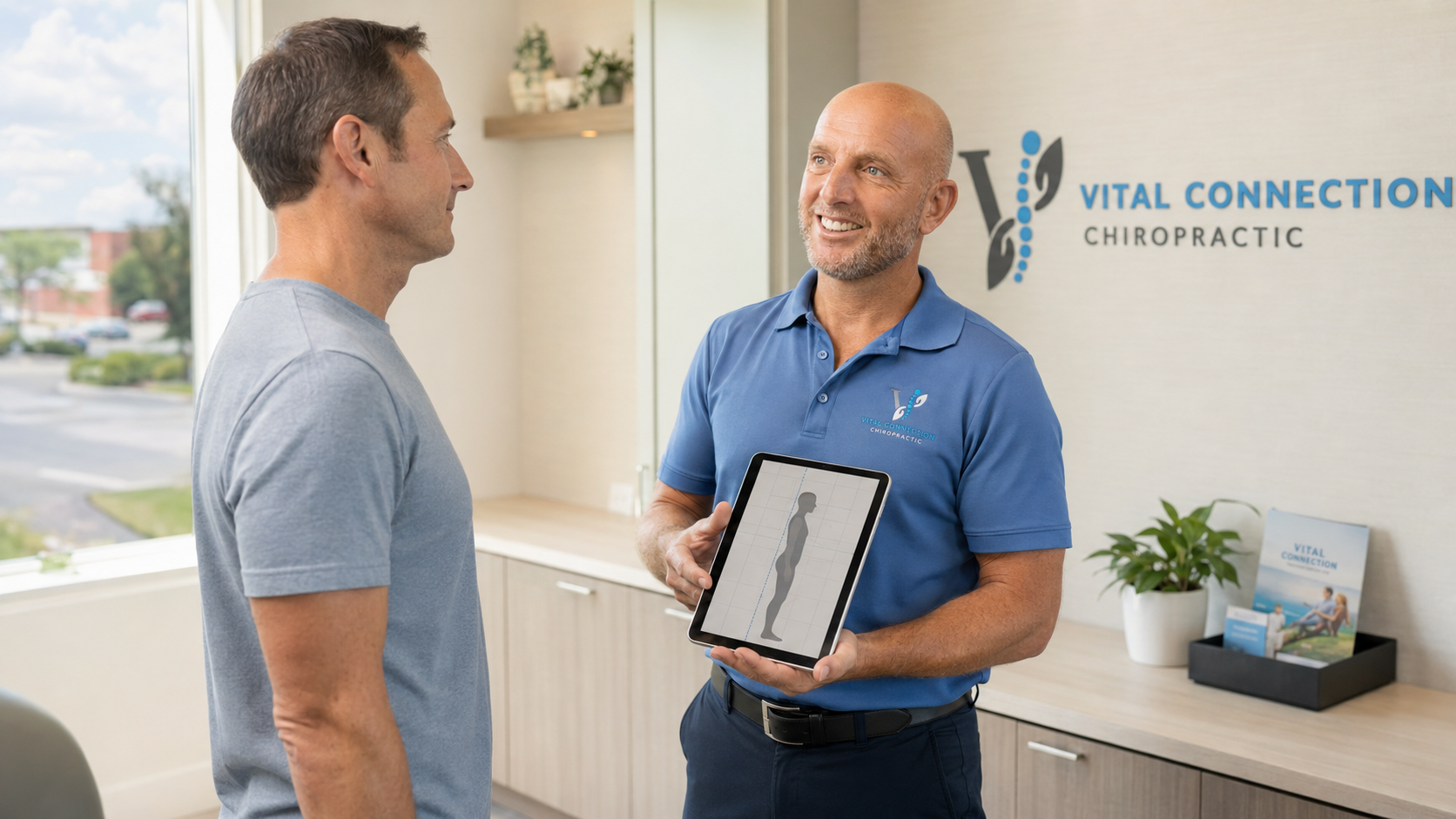 Posture correction chiropractor in Fishers, IN reviewing a patient posture assessment, posture correction chiropractor, posture chiropractor, chiropractor for poor posture,