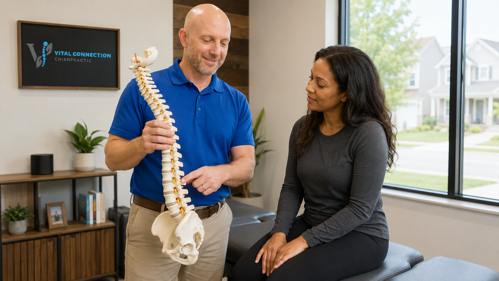scoliosis chiropractor in Fishers IN discussing posture with a patient, scoliosis chiropractor, chiropractor for scoliosis, scoliosis chiropractic care,