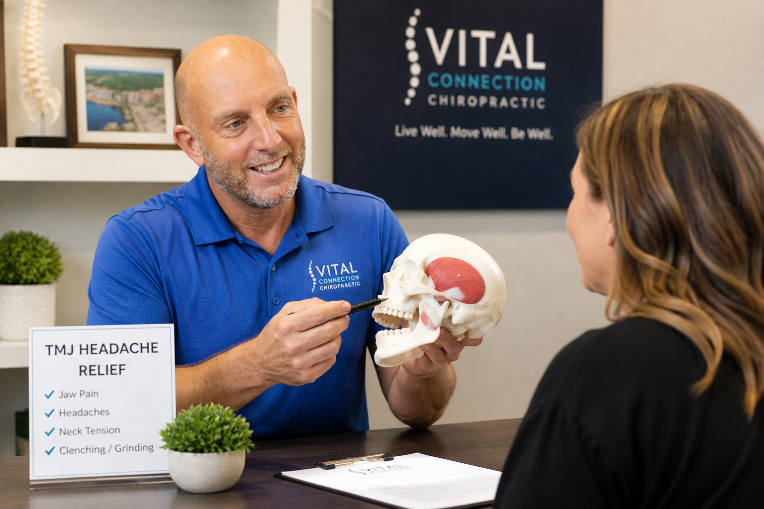 TMJ headache relief consultation in Fishers, IN with a chiropractor explaining jaw tension, tmj headache relief, tmj headaches, jaw tension headache relief,