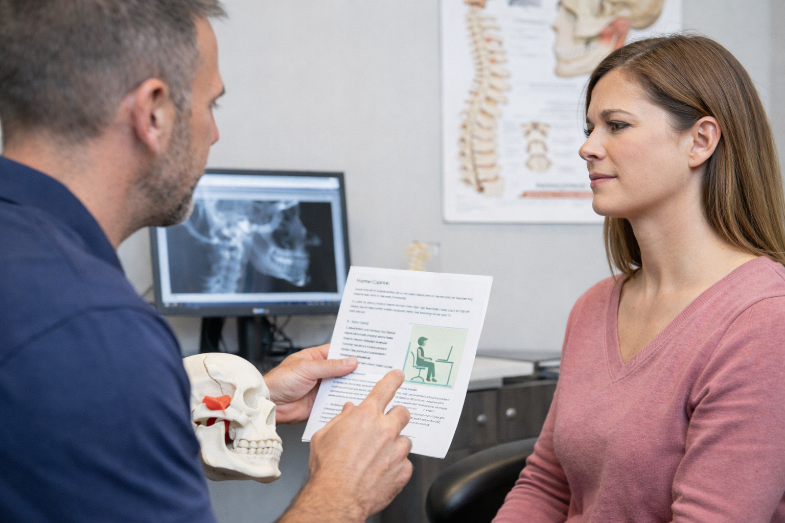 Patient learning TMJ self-care and posture tips in Fishers IN clinic