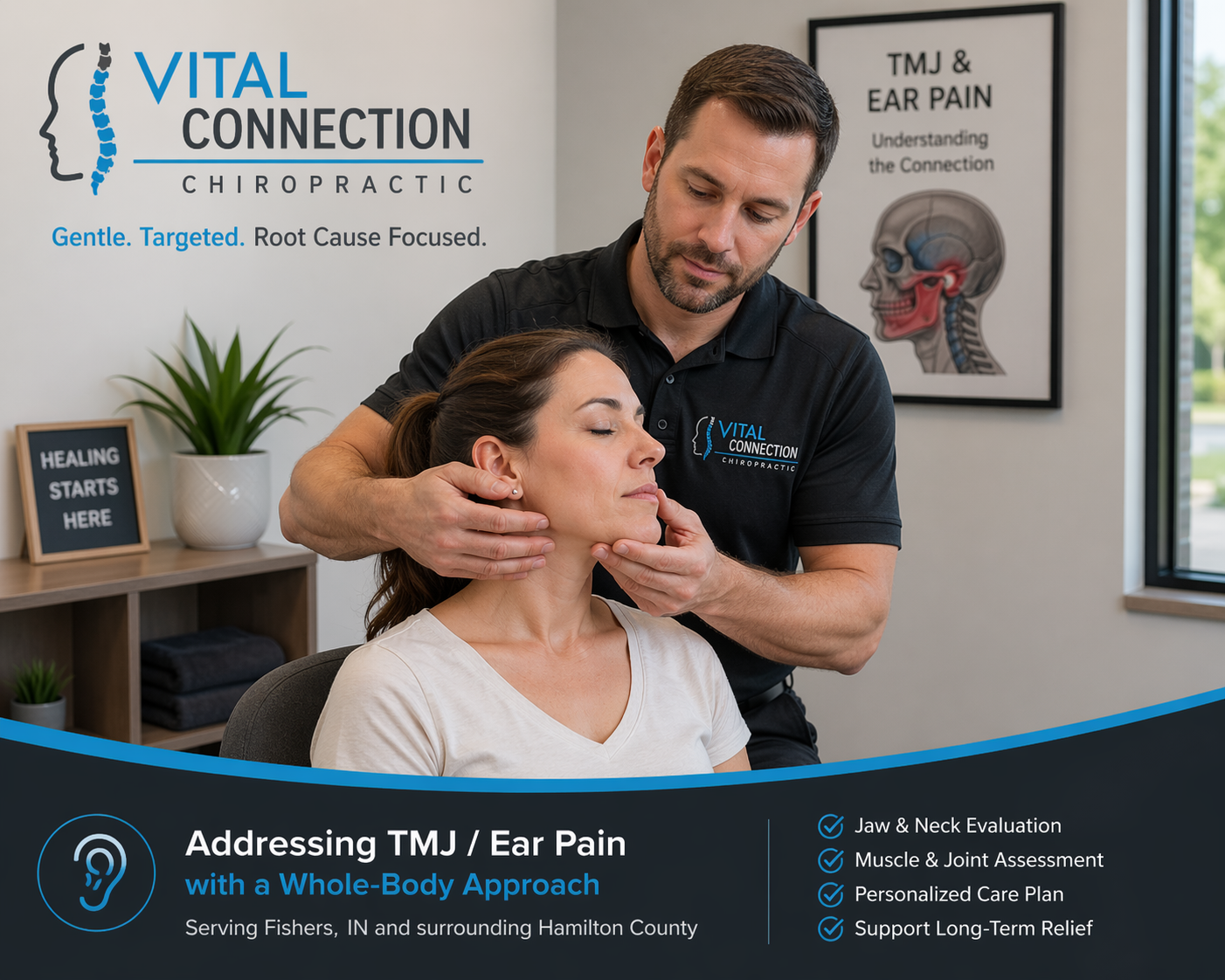 TMJ ear pain evaluation in Fishers IN with jaw and neck assessment, tmj ear pain, tmj causing ear pain, jaw pain and ear pressure, 