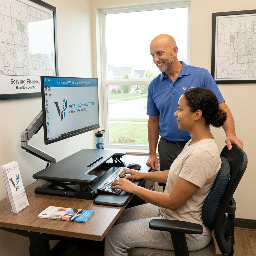 Treatment for tech neck in Fishers, IN with ergonomic workstation setup, tech neck treatment, tech neck relief, treatment for tech neck,