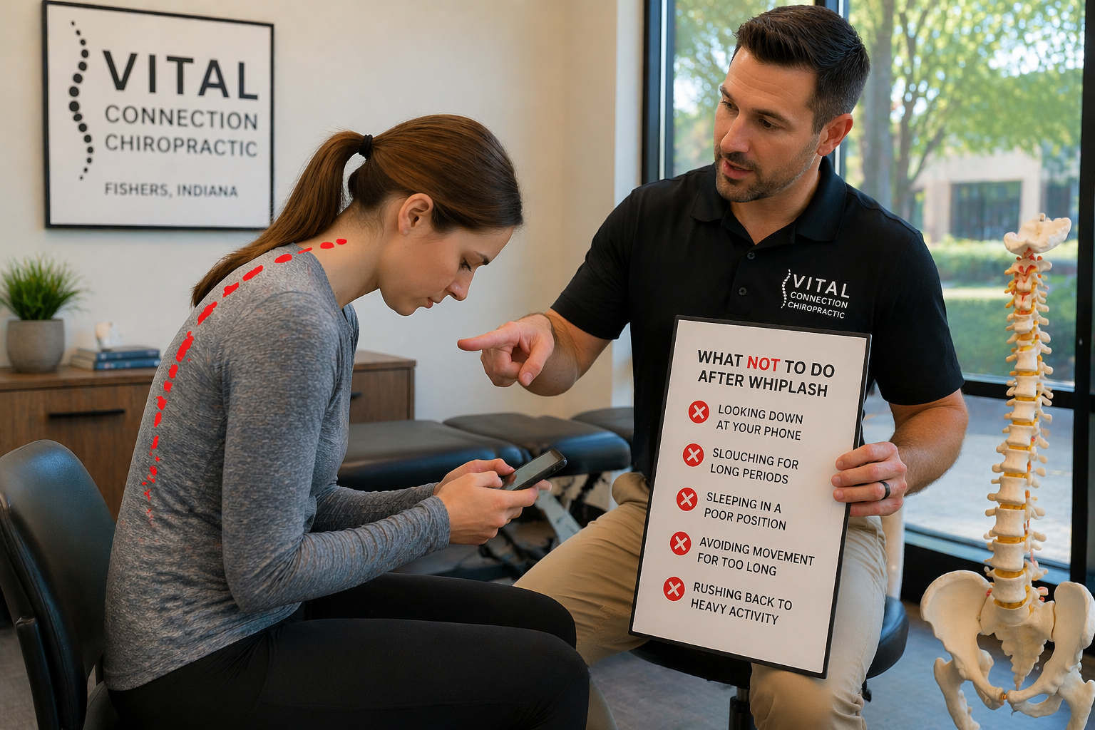 what not to do after whiplash posture education in Fishers IN, how long does whiplash last, whiplash recovery timeline, how long can whiplash symptoms last,