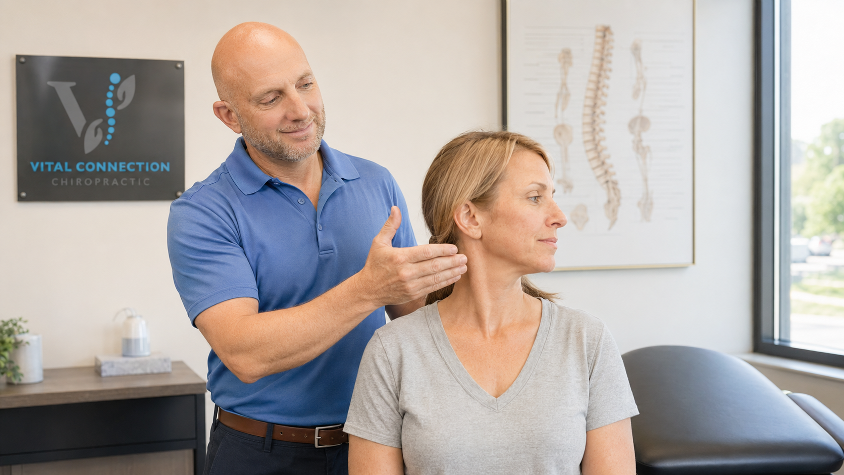 Doctor Jarred guiding a gentle whiplash chiropractic assessment in Fishers, IN, can chiropractor help with whiplash, does chiropractic help whiplash, whiplash chiropractic care,