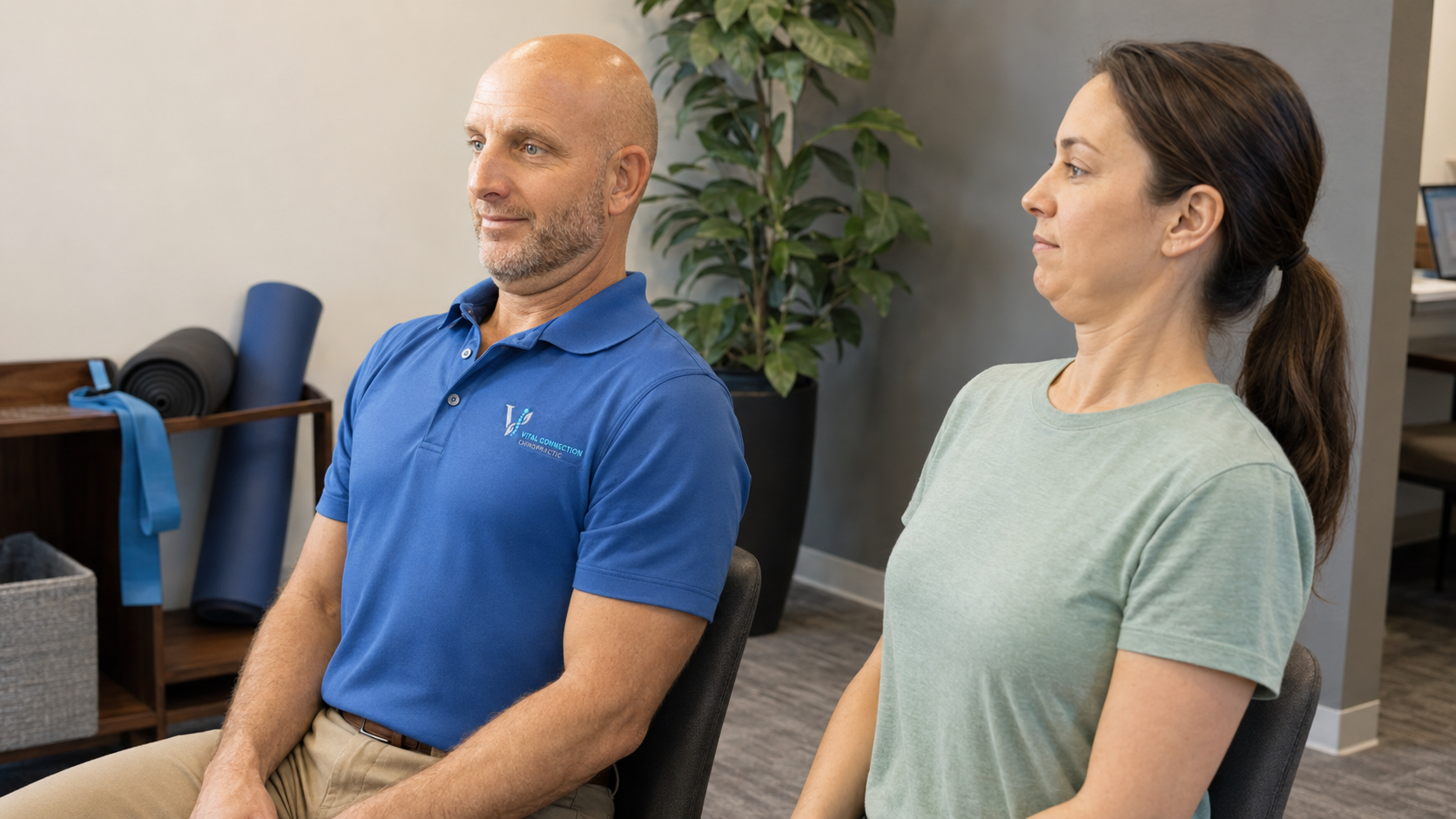 Doctor Jarred teaching gentle whiplash recovery exercises in Fishers, IN, can chiropractor help with whiplash, does chiropractic help whiplash, whiplash chiropractic care,